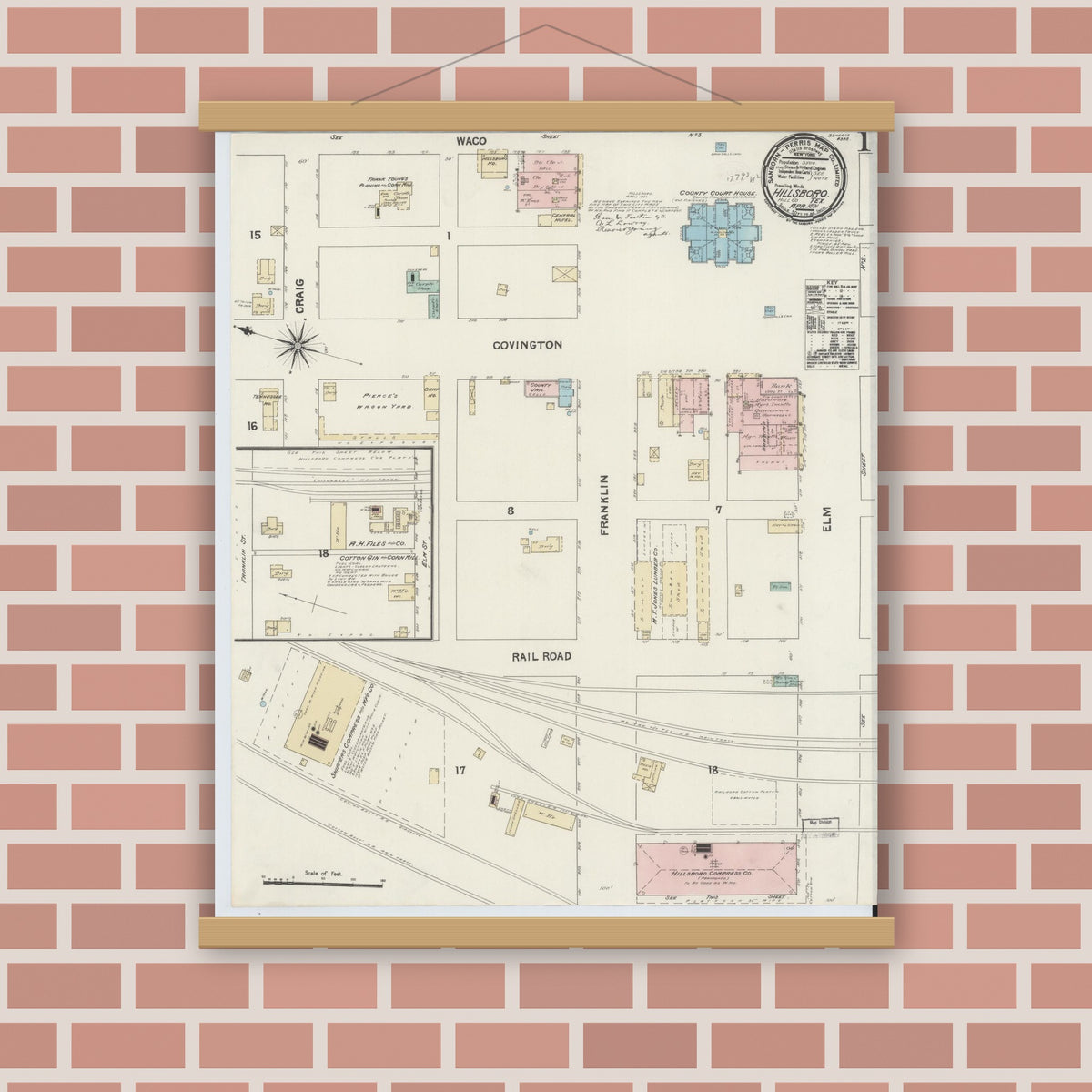 Old map wall art mockup — magnetic wood frame on brick wall — Sanborn Fire Insurance Map from Hillsboro, Hill County, Texas (1891) - Complete Map Set