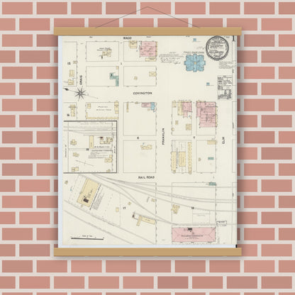 Old map wall art mockup — magnetic wood frame on brick wall — Sanborn Fire Insurance Map from Hillsboro, Hill County, Texas (1891) - Complete Map Set