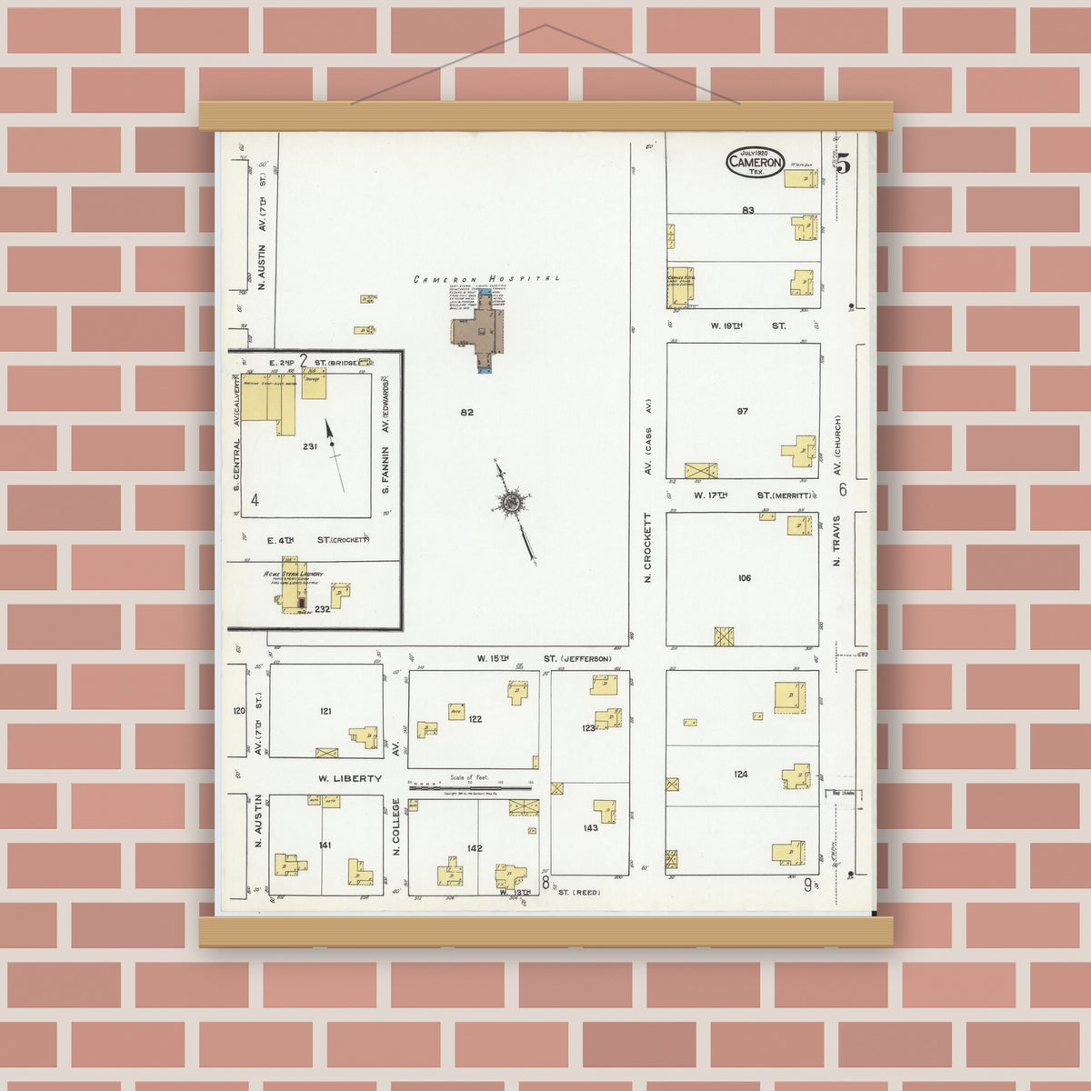 Old map wall art mockup — magnetic wood frame on brick wall — Sanborn Fire Insurance Map from Cameron, Milam County, Texas (1920), Sheet #0005