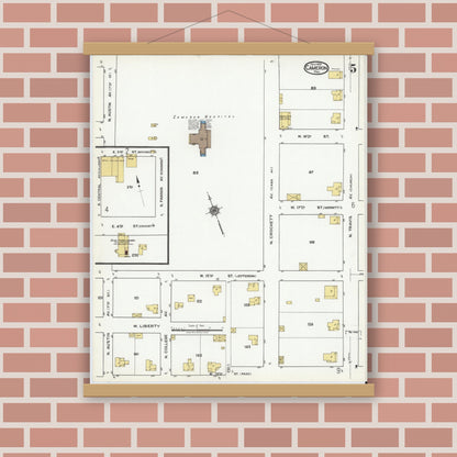Old map wall art mockup — magnetic wood frame on brick wall — Sanborn Fire Insurance Map from Cameron, Milam County, Texas (1920), Sheet #0005