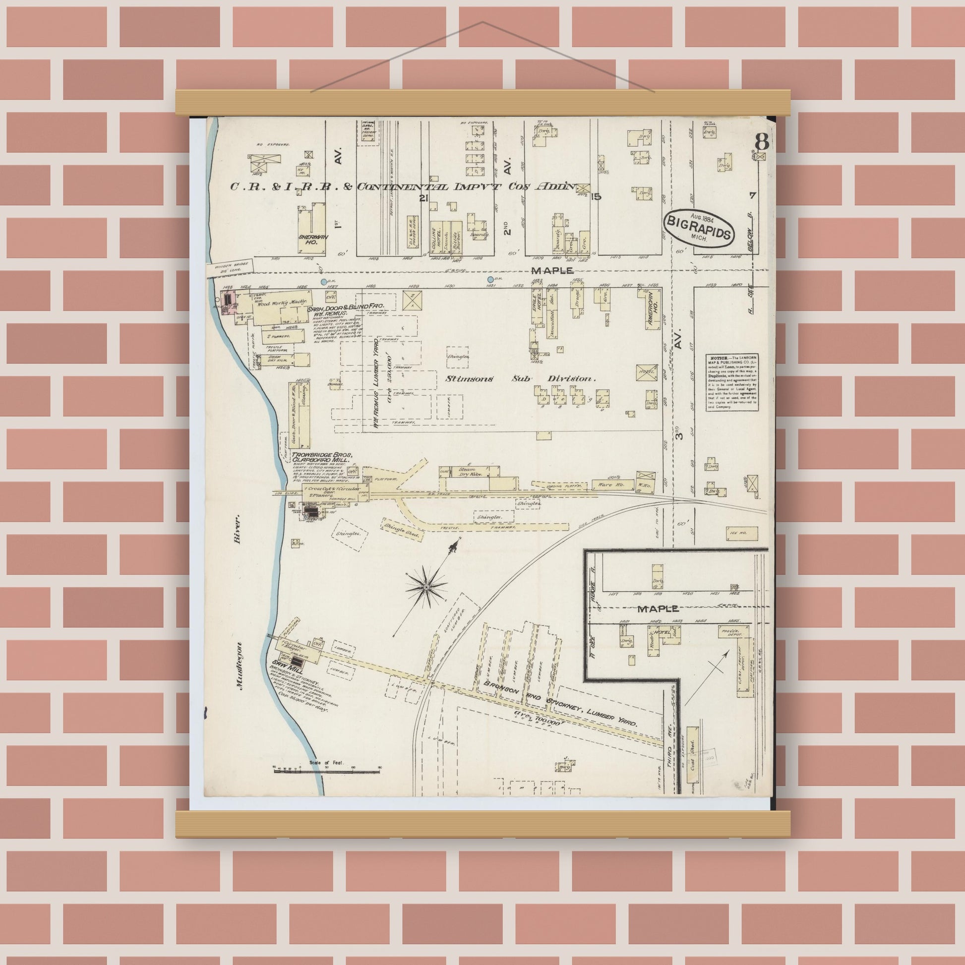 Old map wall art mockup — magnetic wood frame on brick wall — Sanborn Fire Insurance Map from Big Rapids, Mecosta County, Michigan (1884), Sheet #0008
