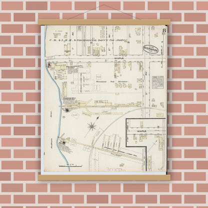 Old map wall art mockup — magnetic wood frame on brick wall — Sanborn Fire Insurance Map from Big Rapids, Mecosta County, Michigan (1884), Sheet #0008