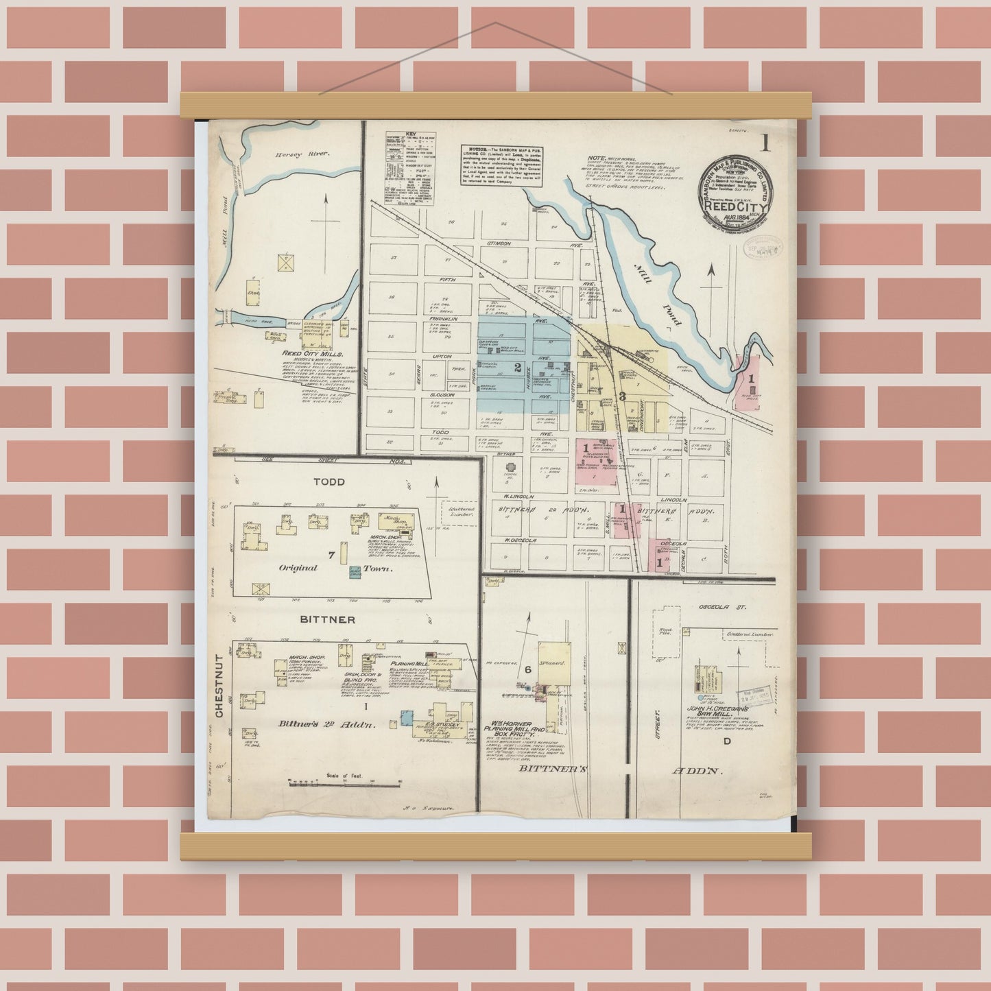 Old map wall art mockup — magnetic wood frame on brick wall — Sanborn Fire Insurance Map from Reed City, Osceola County, Michigan (1884) - Complete Map Set