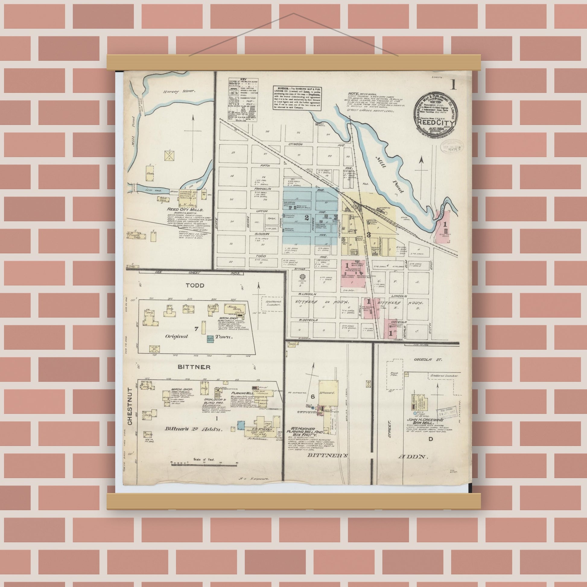 Old map wall art mockup — magnetic wood frame on brick wall — Sanborn Fire Insurance Map from Reed City, Osceola County, Michigan (1884) - Complete Map Set