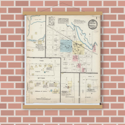 Old map wall art mockup — magnetic wood frame on brick wall — Sanborn Fire Insurance Map from Reed City, Osceola County, Michigan (1884) - Complete Map Set