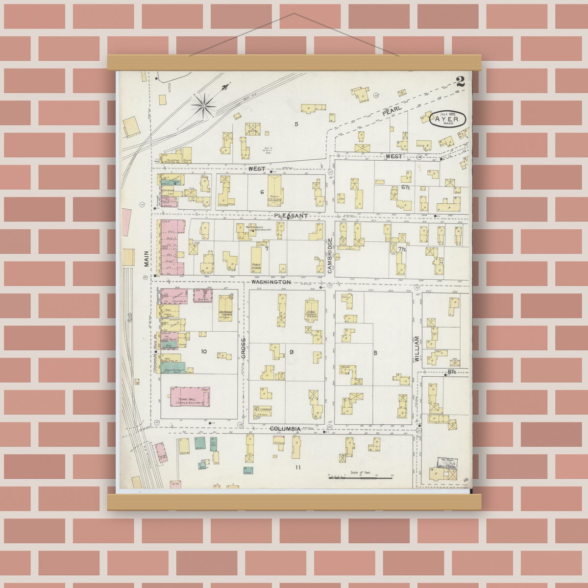 Old map wall art mockup — magnetic wood frame on brick wall — Sanborn Fire Insurance Map from Ayer, Middlesex County, Massachusetts (1892), Sheet #0002