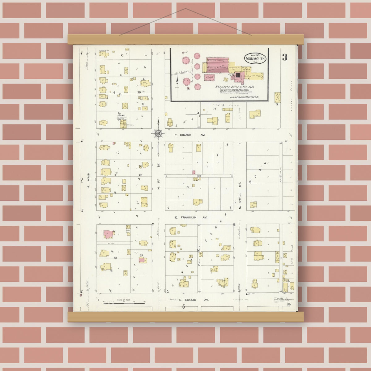 Old map wall art mockup — magnetic wood frame on brick wall — Sanborn Fire Insurance Map from Monmouth, Warren County, Illinois (1913), Sheet #0003