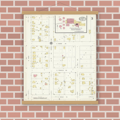 Old map wall art mockup — magnetic wood frame on brick wall — Sanborn Fire Insurance Map from Monmouth, Warren County, Illinois (1913), Sheet #0003