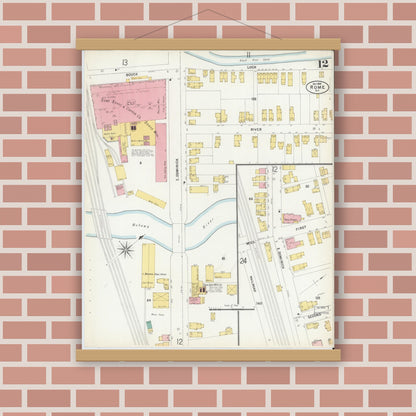 Old map wall art mockup — magnetic wood frame on brick wall — Sanborn Fire Insurance Map from Rome, Oneida County, New York (1899), Sheet #0012