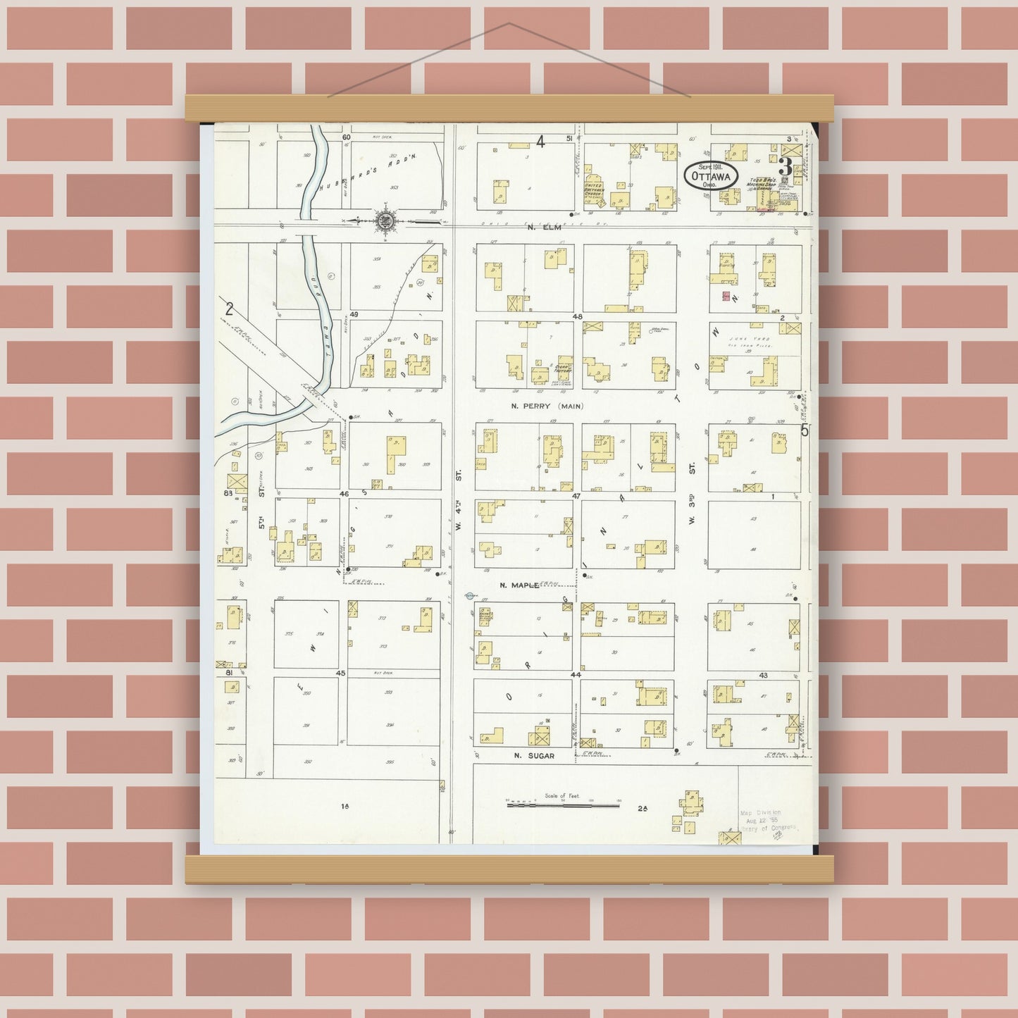 Old map wall art mockup — magnetic wood frame on brick wall — Sanborn Fire Insurance Map from Ottawa, Putnam County, Ohio (1911), Sheet #0003