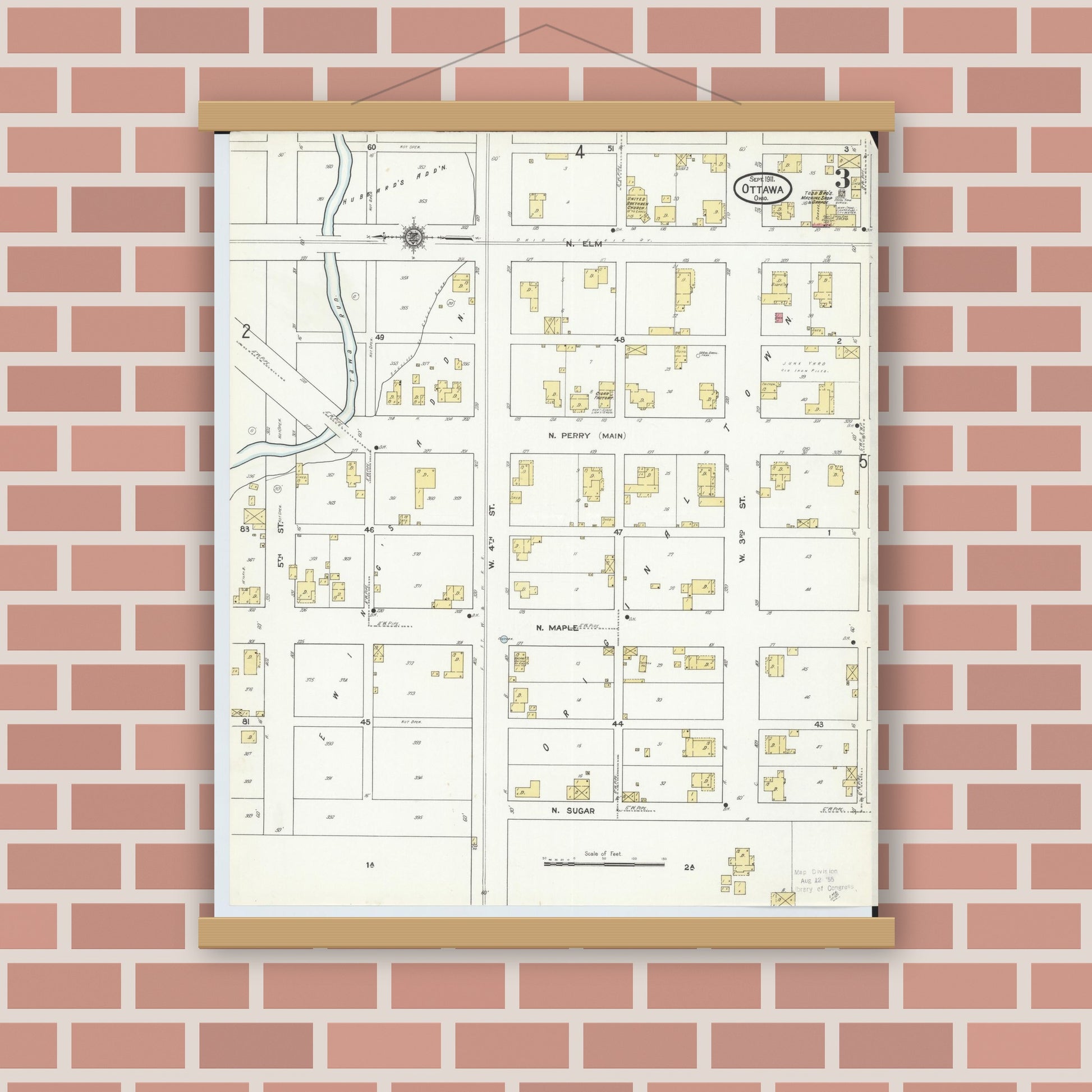 Old map wall art mockup — magnetic wood frame on brick wall — Sanborn Fire Insurance Map from Ottawa, Putnam County, Ohio (1911), Sheet #0003