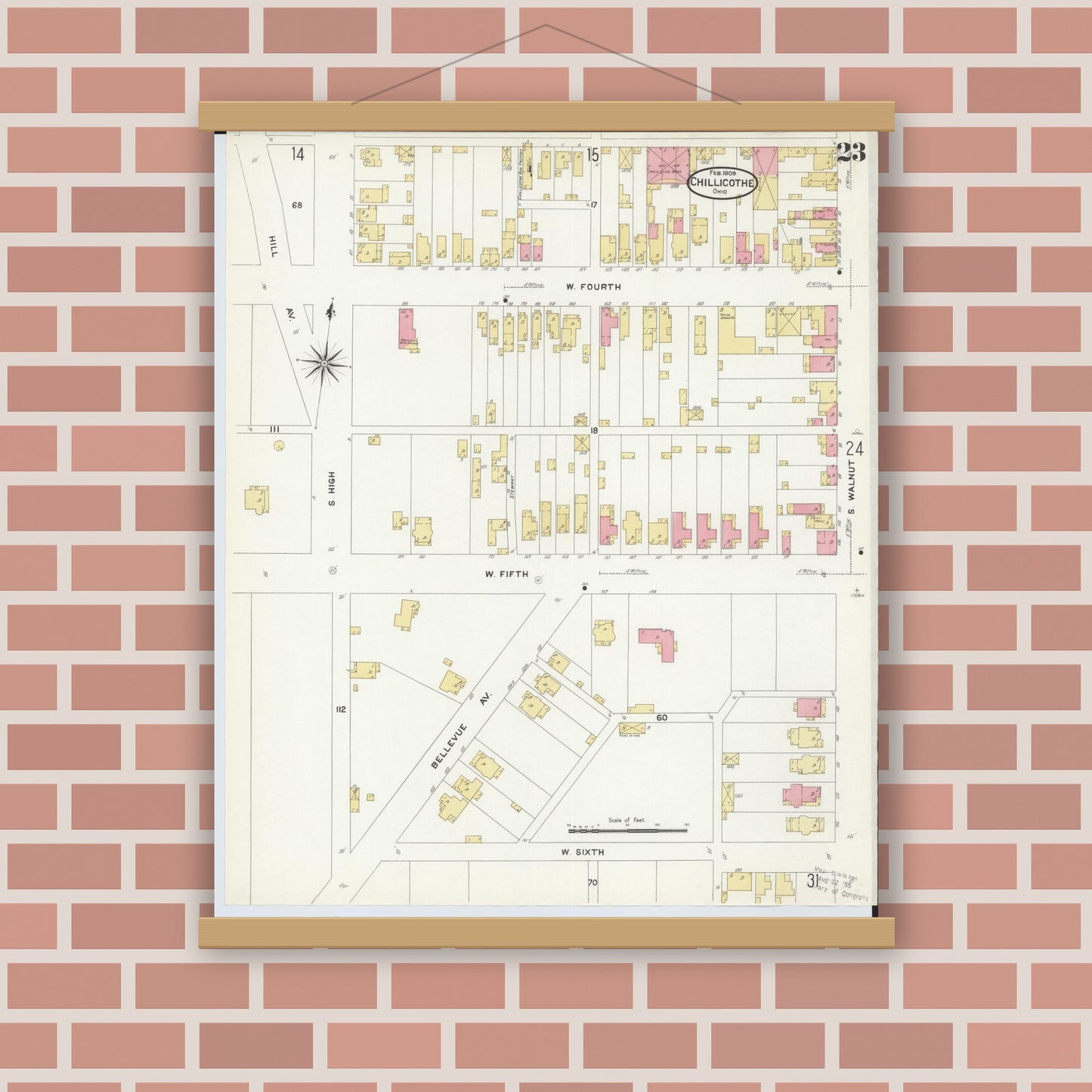 Old map wall art mockup — magnetic wood frame on brick wall — Sanborn Fire Insurance Map from Chillicothe, Ross County, Ohio (1909), Sheet #0023