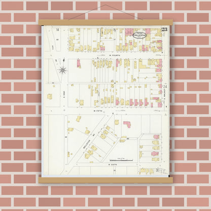 Old map wall art mockup — magnetic wood frame on brick wall — Sanborn Fire Insurance Map from Chillicothe, Ross County, Ohio (1909), Sheet #0023