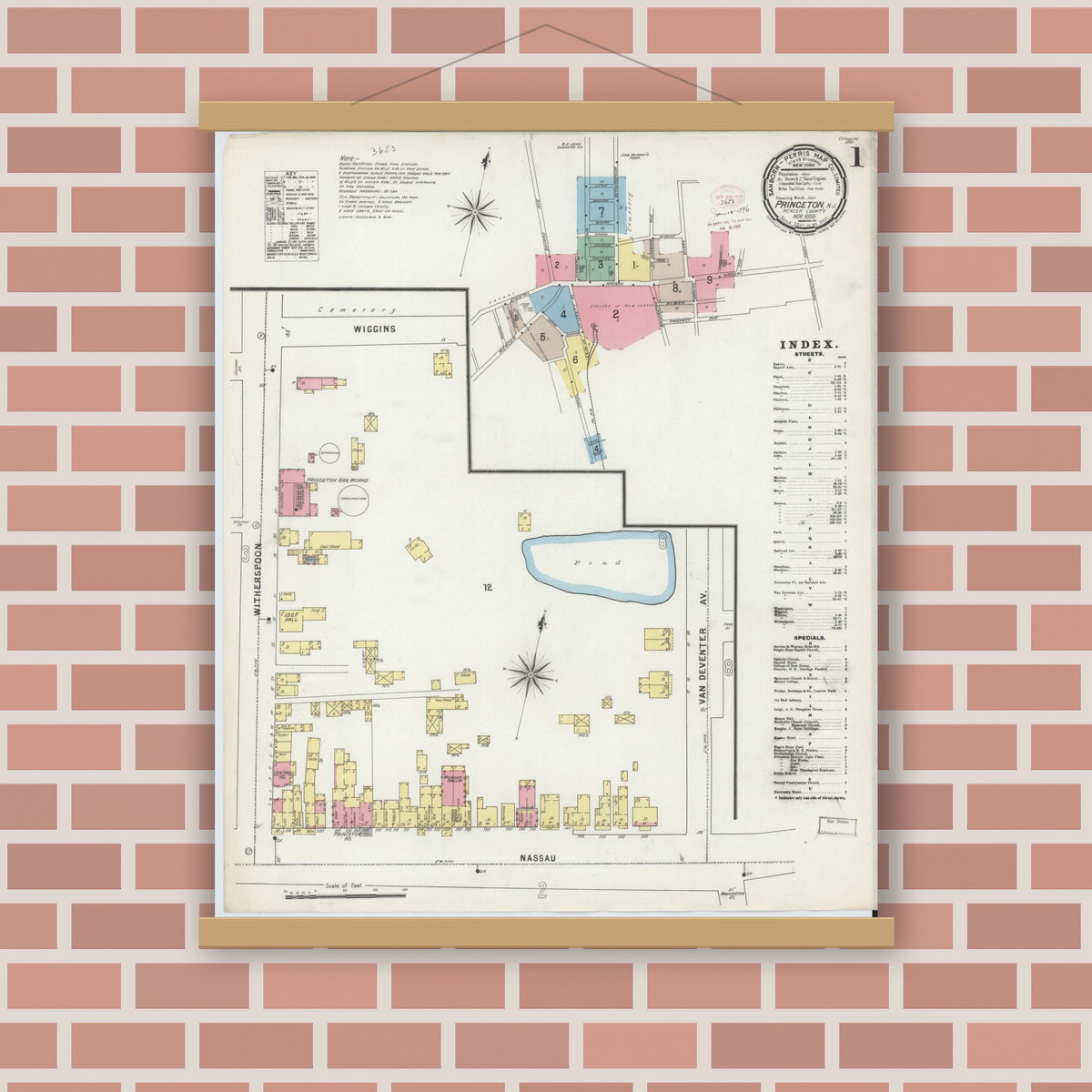 Old map wall art mockup — magnetic wood frame on brick wall — Sanborn Fire Insurance Map from Princeton, Mercer County, New Jersey (1895) - Complete Map Set