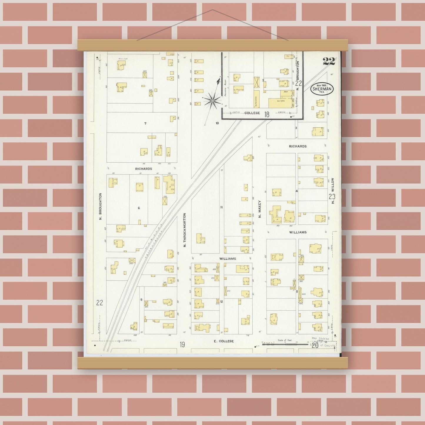 Old map wall art mockup — magnetic wood frame on brick wall — Sanborn Fire Insurance Map from Sherman, Grayson County, Texas (1908), Sheet #0022