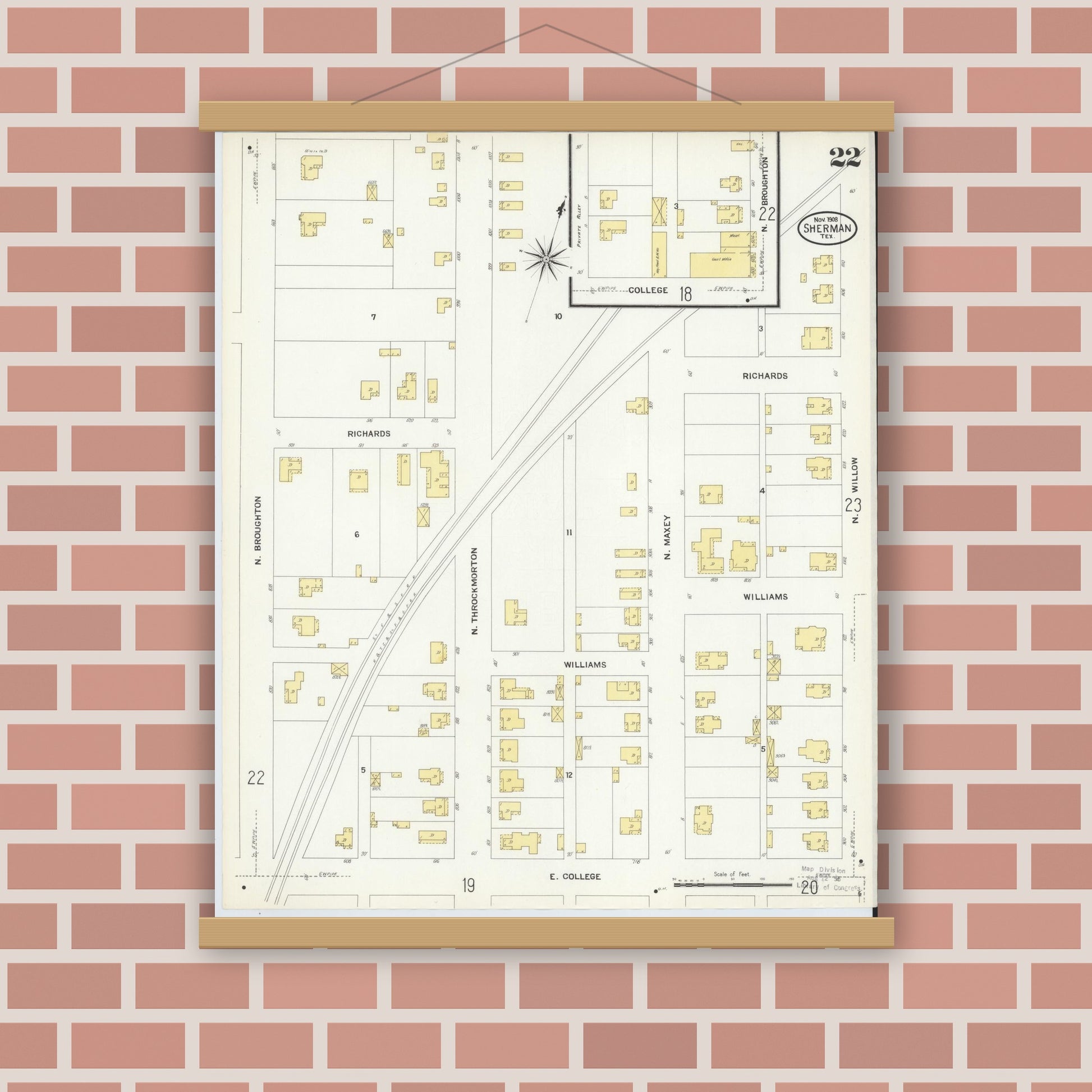 Old map wall art mockup — magnetic wood frame on brick wall — Sanborn Fire Insurance Map from Sherman, Grayson County, Texas (1908), Sheet #0022