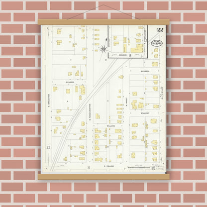 Old map wall art mockup — magnetic wood frame on brick wall — Sanborn Fire Insurance Map from Sherman, Grayson County, Texas (1908), Sheet #0022