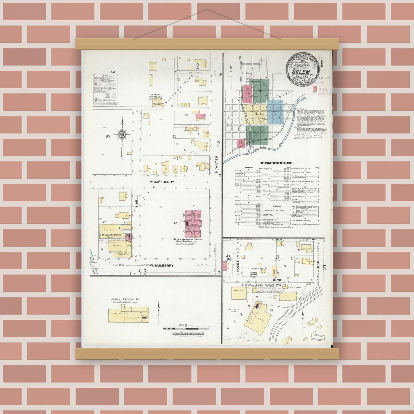 Old map wall art mockup — magnetic wood frame on brick wall — Sanborn Fire Insurance Map from Salem, Washington County, Indiana (1910) - Complete Map Set