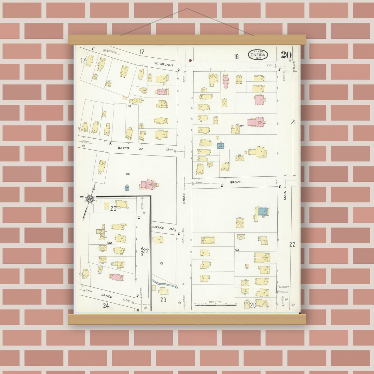 Old map wall art mockup — magnetic wood frame on brick wall — Sanborn Fire Insurance Map from Oneida, Madison County, New York (1914), Sheet #0020