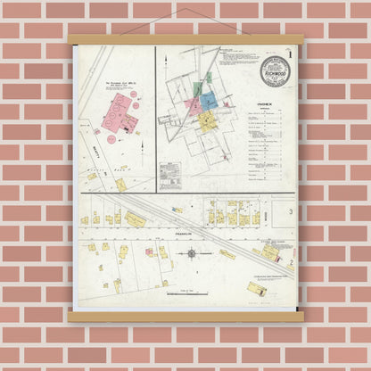 Old map wall art mockup — magnetic wood frame on brick wall — Sanborn Fire Insurance Map from Richwood, Union County, Ohio (1910), Sheet #0001