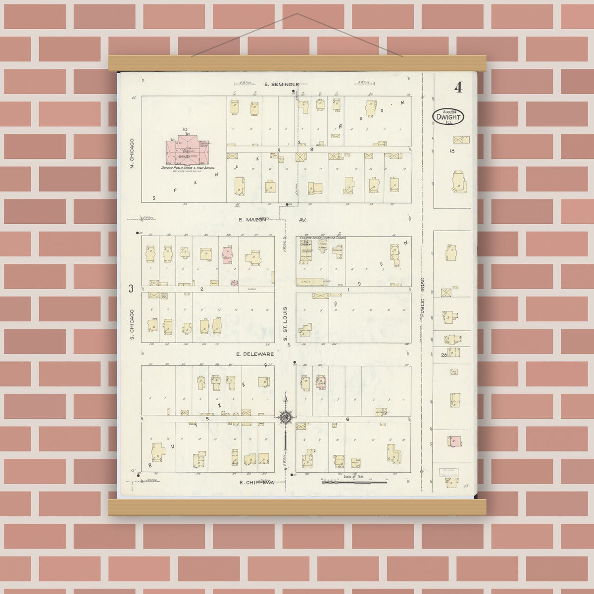 Old map wall art mockup — magnetic wood frame on brick wall — Sanborn Fire Insurance Map from Dwight, Livingston County, Illinois (1914), Sheet #0004