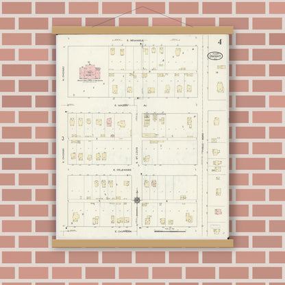 Old map wall art mockup — magnetic wood frame on brick wall — Sanborn Fire Insurance Map from Dwight, Livingston County, Illinois (1914), Sheet #0004