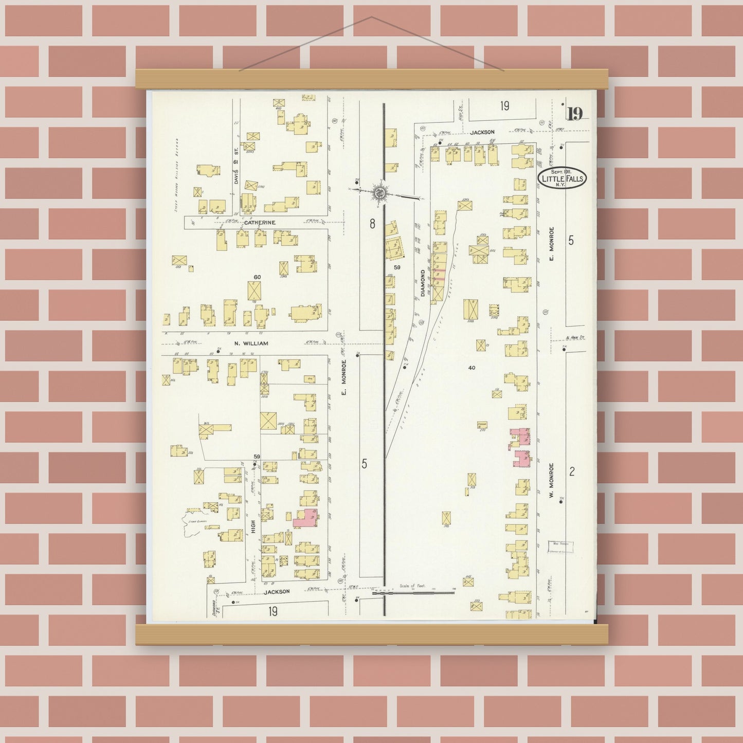 Old map wall art mockup — magnetic wood frame on brick wall — Sanborn Fire Insurance Map from Little Falls, Herkimer County, New York (1911), Sheet #0019