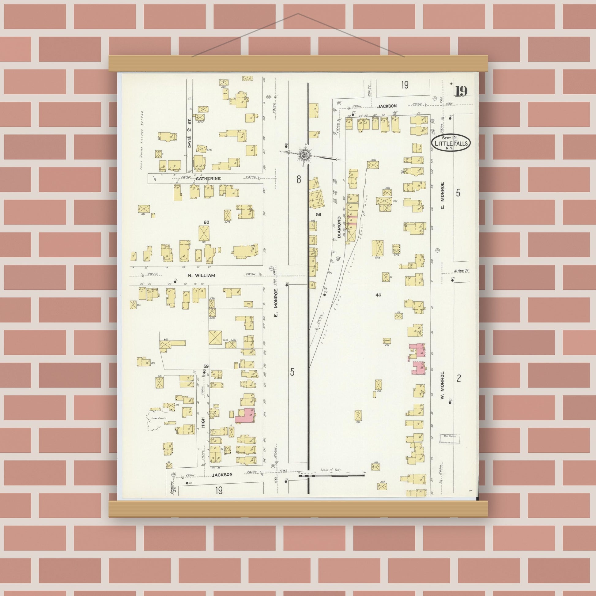 Old map wall art mockup — magnetic wood frame on brick wall — Sanborn Fire Insurance Map from Little Falls, Herkimer County, New York (1911), Sheet #0019
