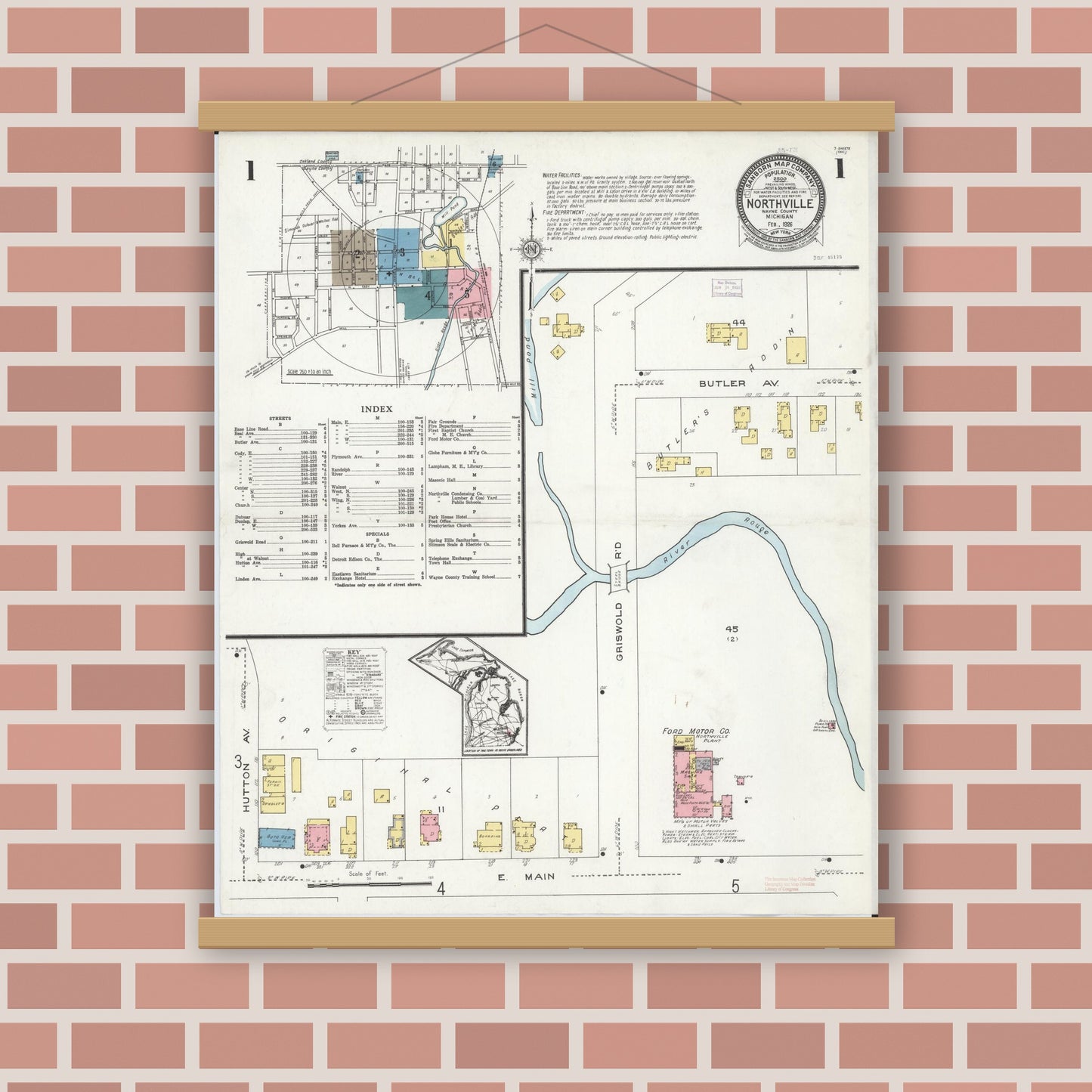 Old map wall art mockup — magnetic wood frame on brick wall — Sanborn Fire Insurance Map from Northville, Wayne County, Michigan (1926), Sheet #0001