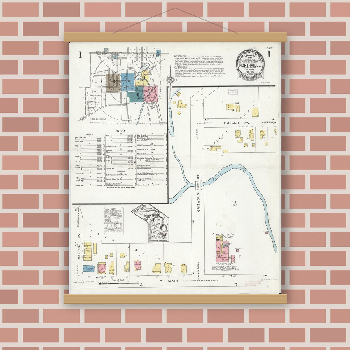 Old map wall art mockup — magnetic wood frame on brick wall — Sanborn Fire Insurance Map from Northville, Wayne County, Michigan (1926), Sheet #0001