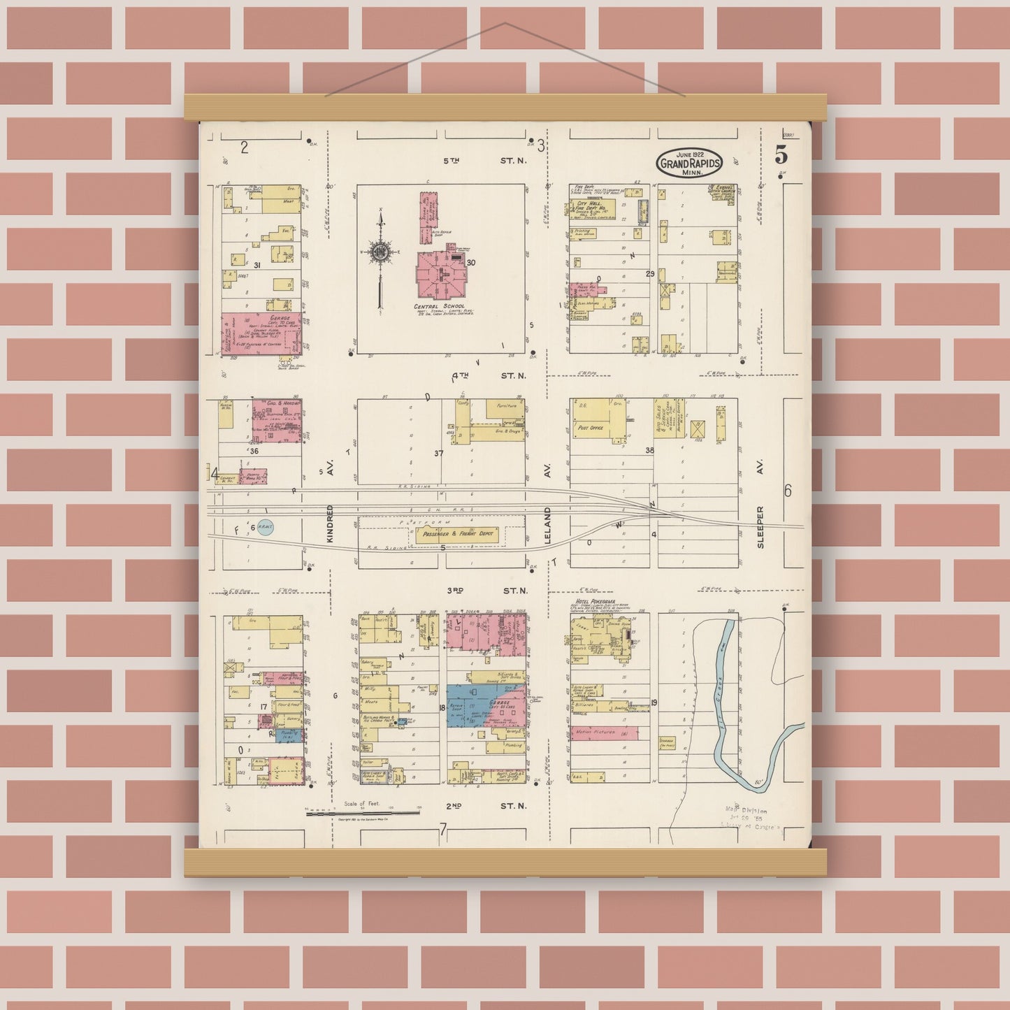 Old map wall art mockup — magnetic wood frame on brick wall — Sanborn Fire Insurance Map from Grand Rapids, Itasca County, Minnesota (1922), Sheet #0005