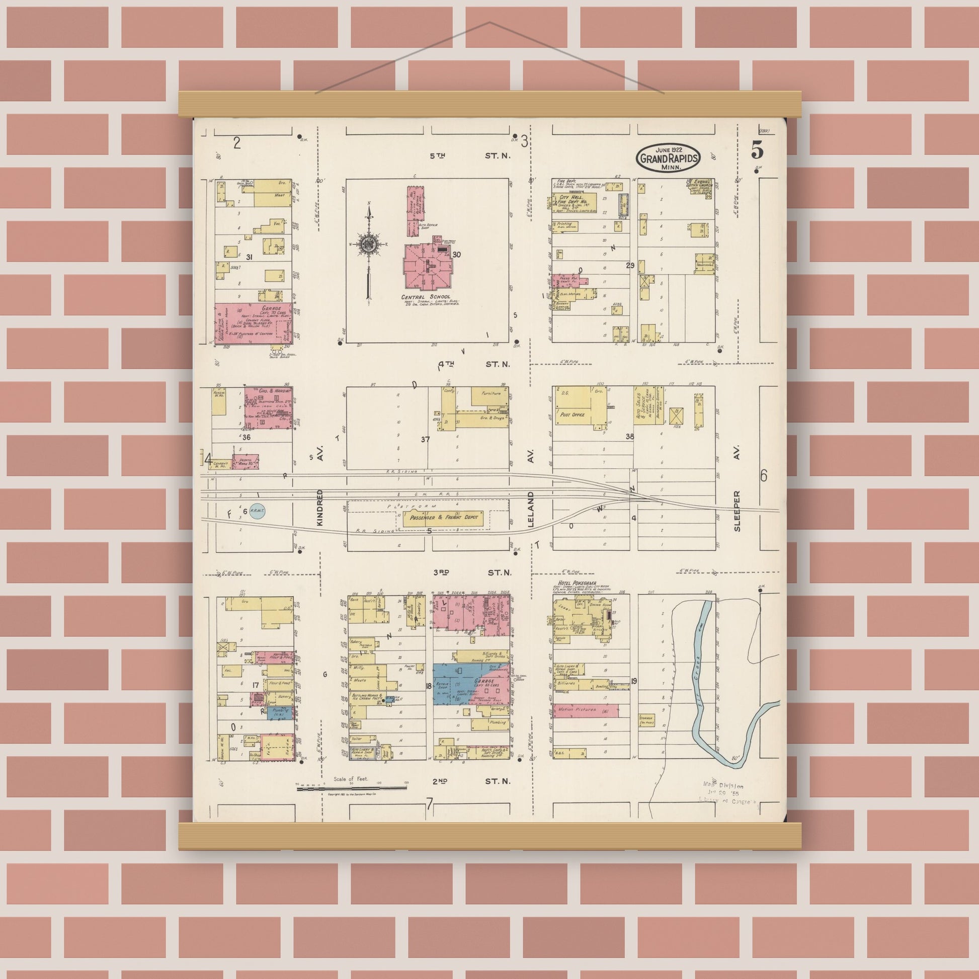 Old map wall art mockup — magnetic wood frame on brick wall — Sanborn Fire Insurance Map from Grand Rapids, Itasca County, Minnesota (1922), Sheet #0005