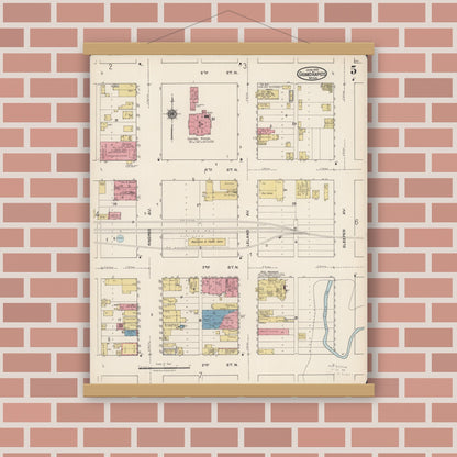 Old map wall art mockup — magnetic wood frame on brick wall — Sanborn Fire Insurance Map from Grand Rapids, Itasca County, Minnesota (1922), Sheet #0005