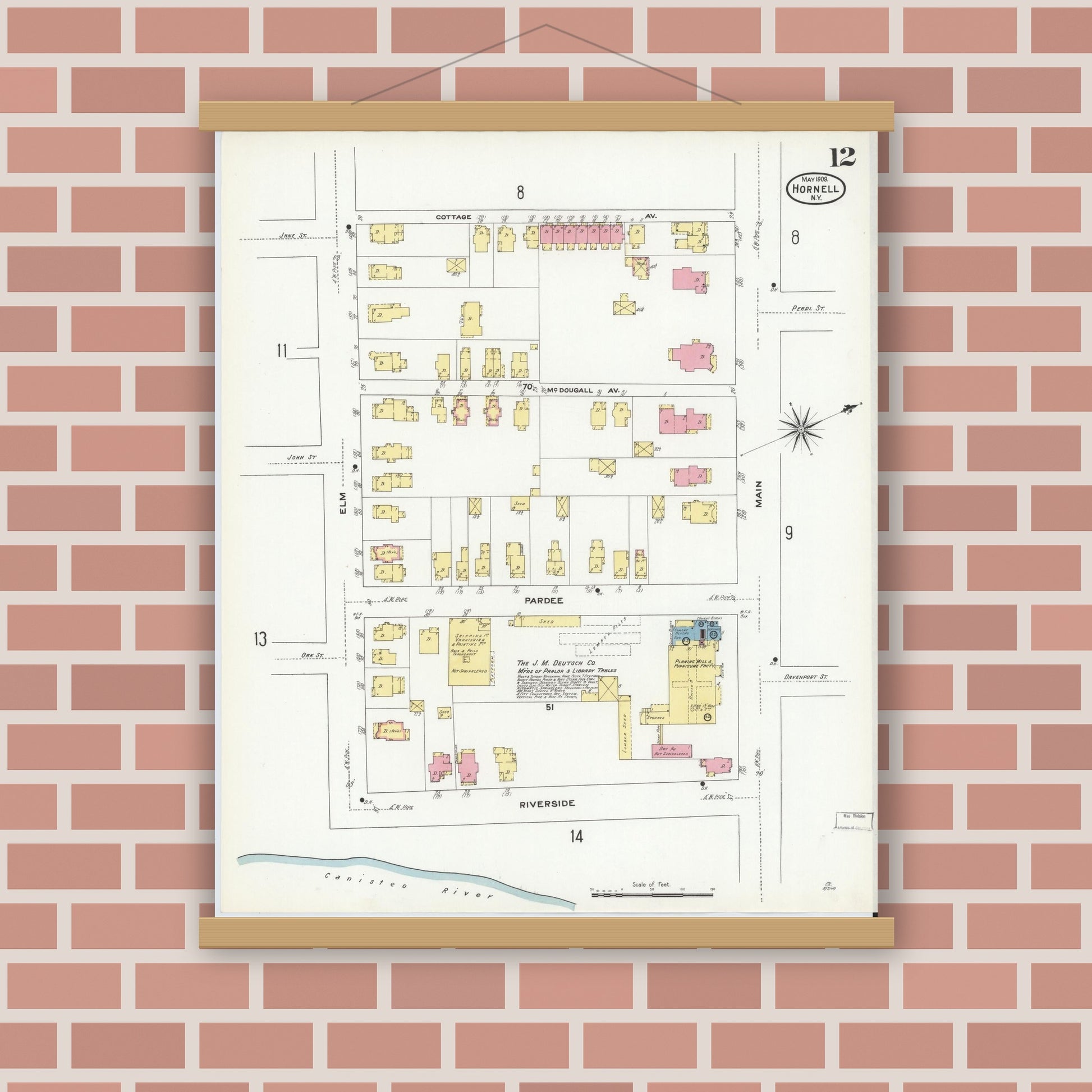 Old map wall art mockup — magnetic wood frame on brick wall — Sanborn Fire Insurance Map from Hornell, Steuben County, New York (1909), Sheet #0012