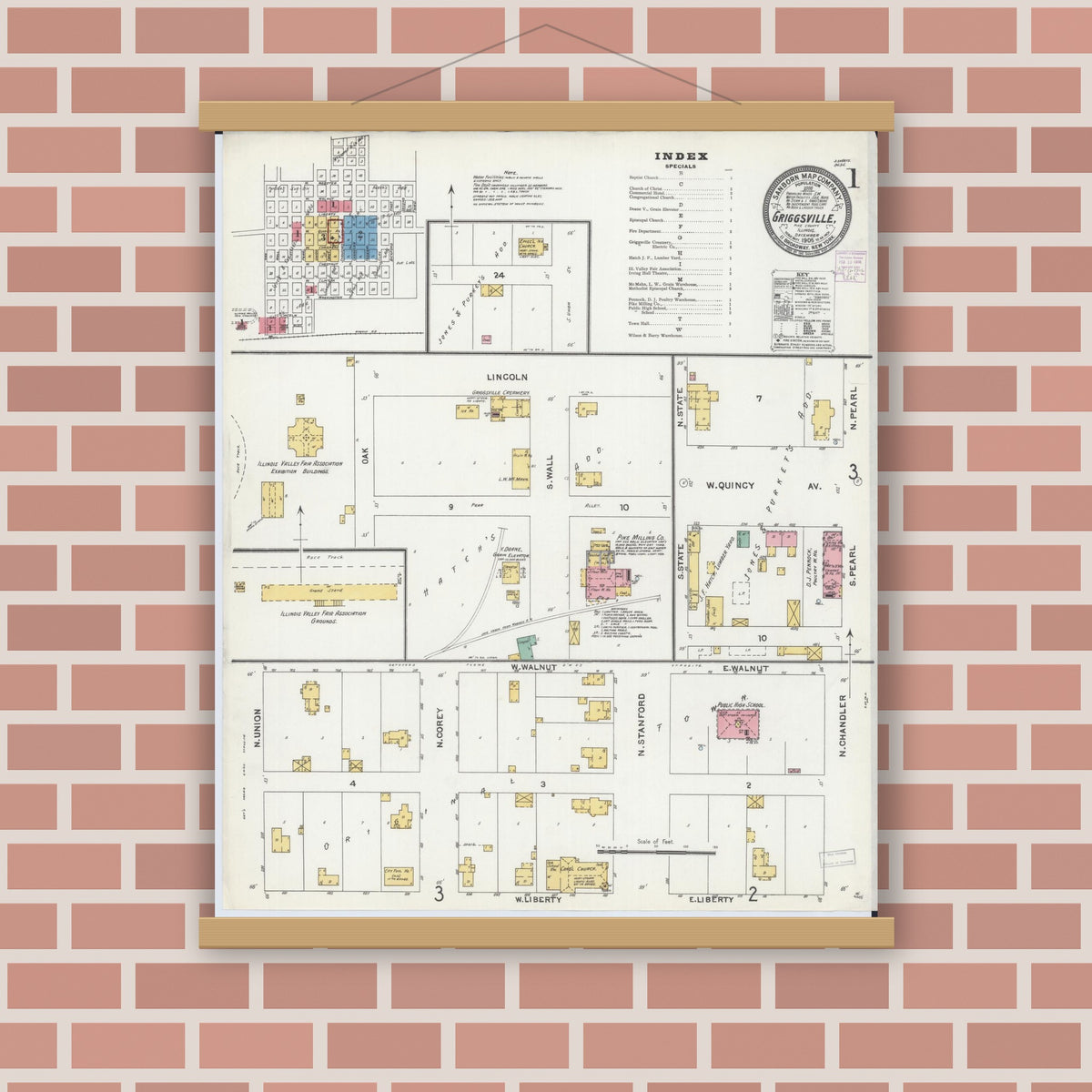 Old map wall art mockup — magnetic wood frame on brick wall — Sanborn Fire Insurance Map from Griggsville, Pike County, Illinois (1905) - Complete Map Set