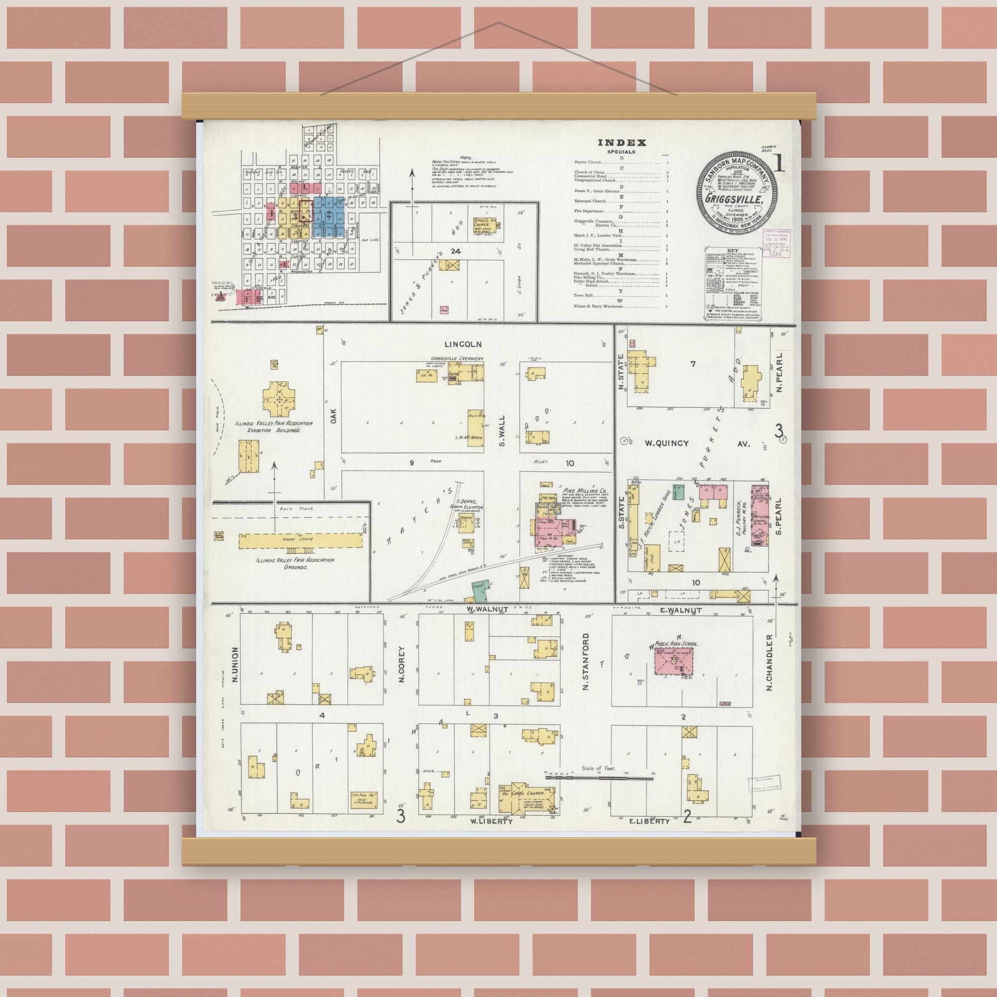 Old map wall art mockup — magnetic wood frame on brick wall — Sanborn Fire Insurance Map from Griggsville, Pike County, Illinois (1905) - Complete Map Set