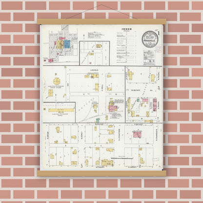 Old map wall art mockup — magnetic wood frame on brick wall — Sanborn Fire Insurance Map from Griggsville, Pike County, Illinois (1905) - Complete Map Set