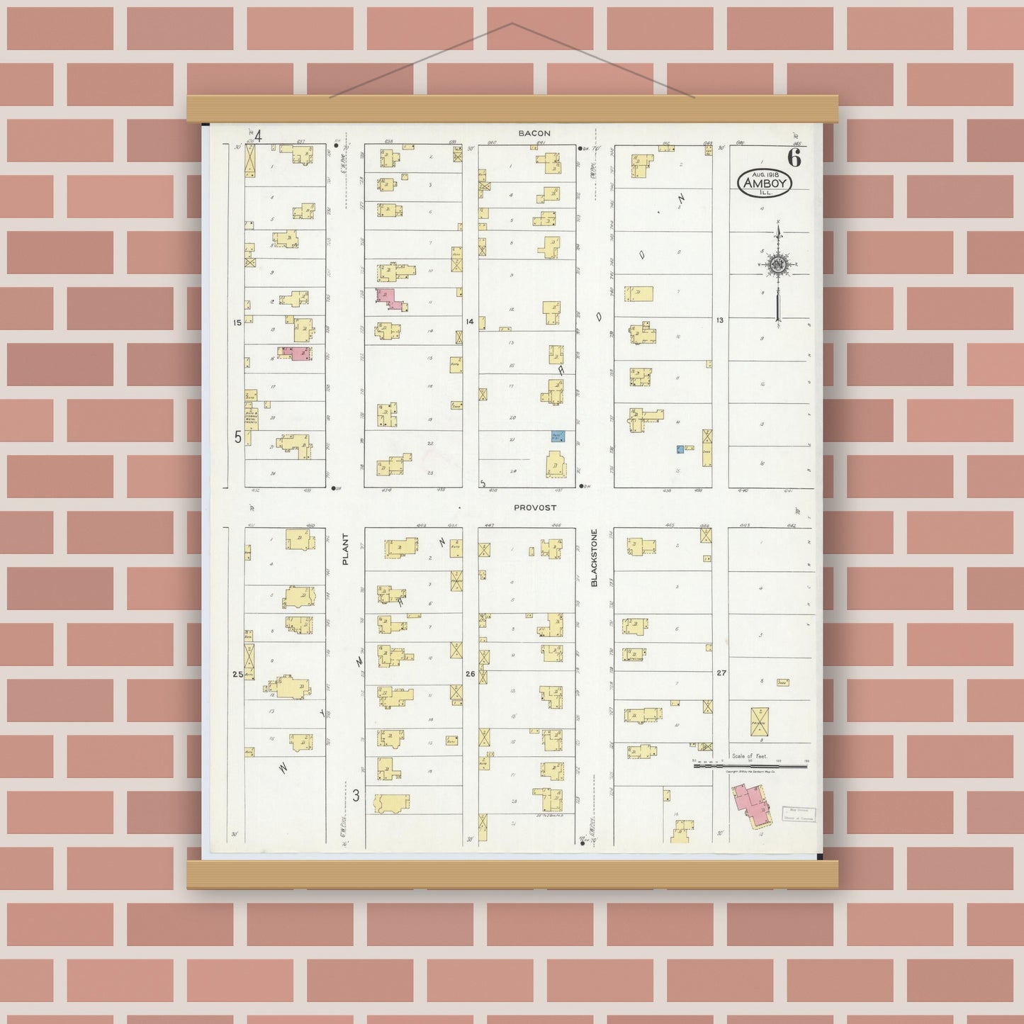 Old map wall art mockup — magnetic wood frame on brick wall — Sanborn Fire Insurance Map from Amboy, Lee County, Illinois (1918), Sheet #0006