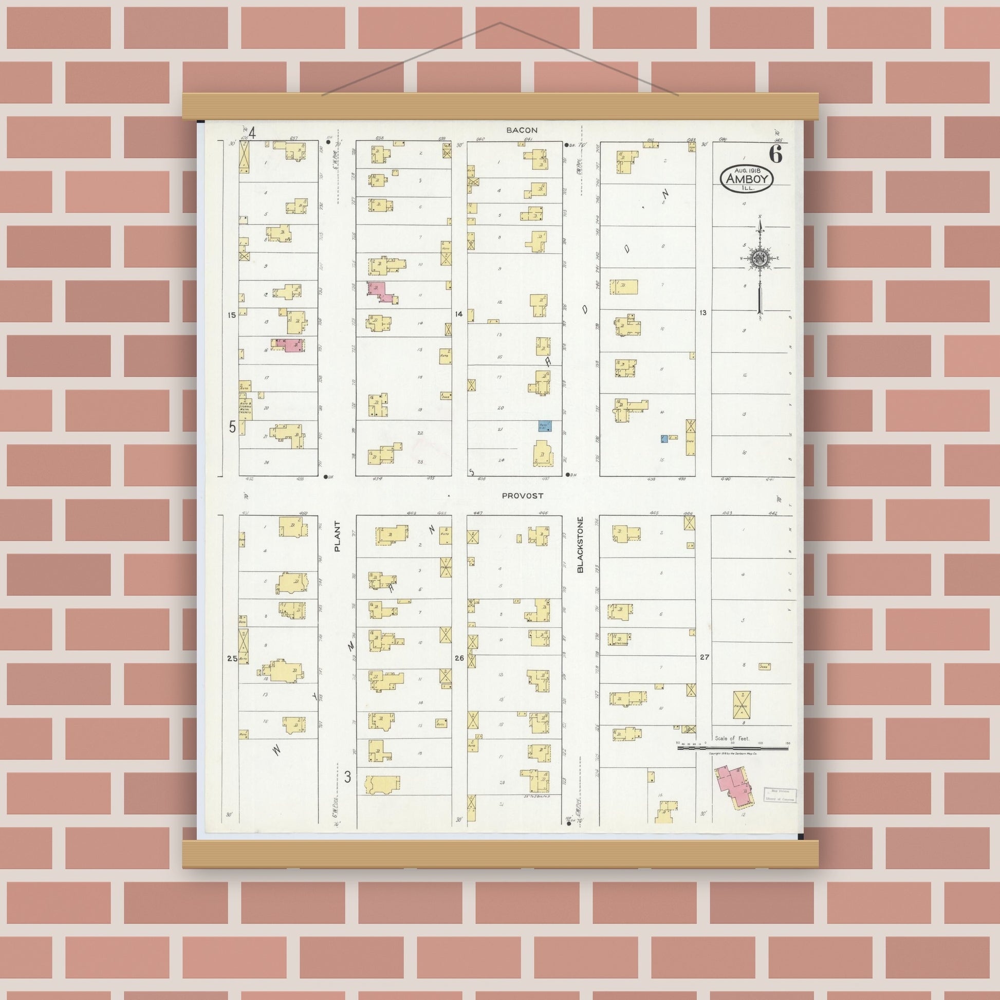Old map wall art mockup — magnetic wood frame on brick wall — Sanborn Fire Insurance Map from Amboy, Lee County, Illinois (1918), Sheet #0006