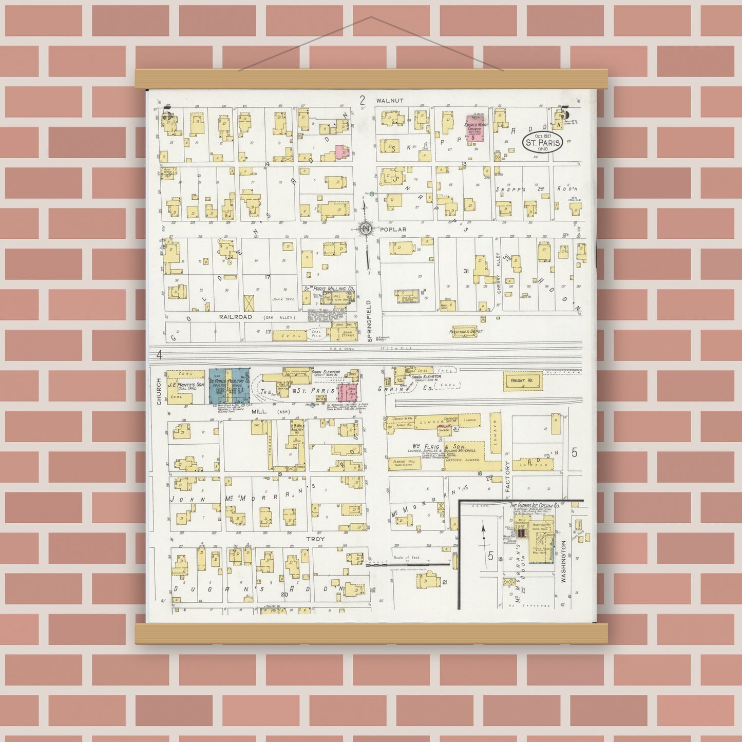 Old map wall art mockup — magnetic wood frame on brick wall — Sanborn Fire Insurance Map from Saint Paris, Champaign County, Ohio (1927), Sheet #0005