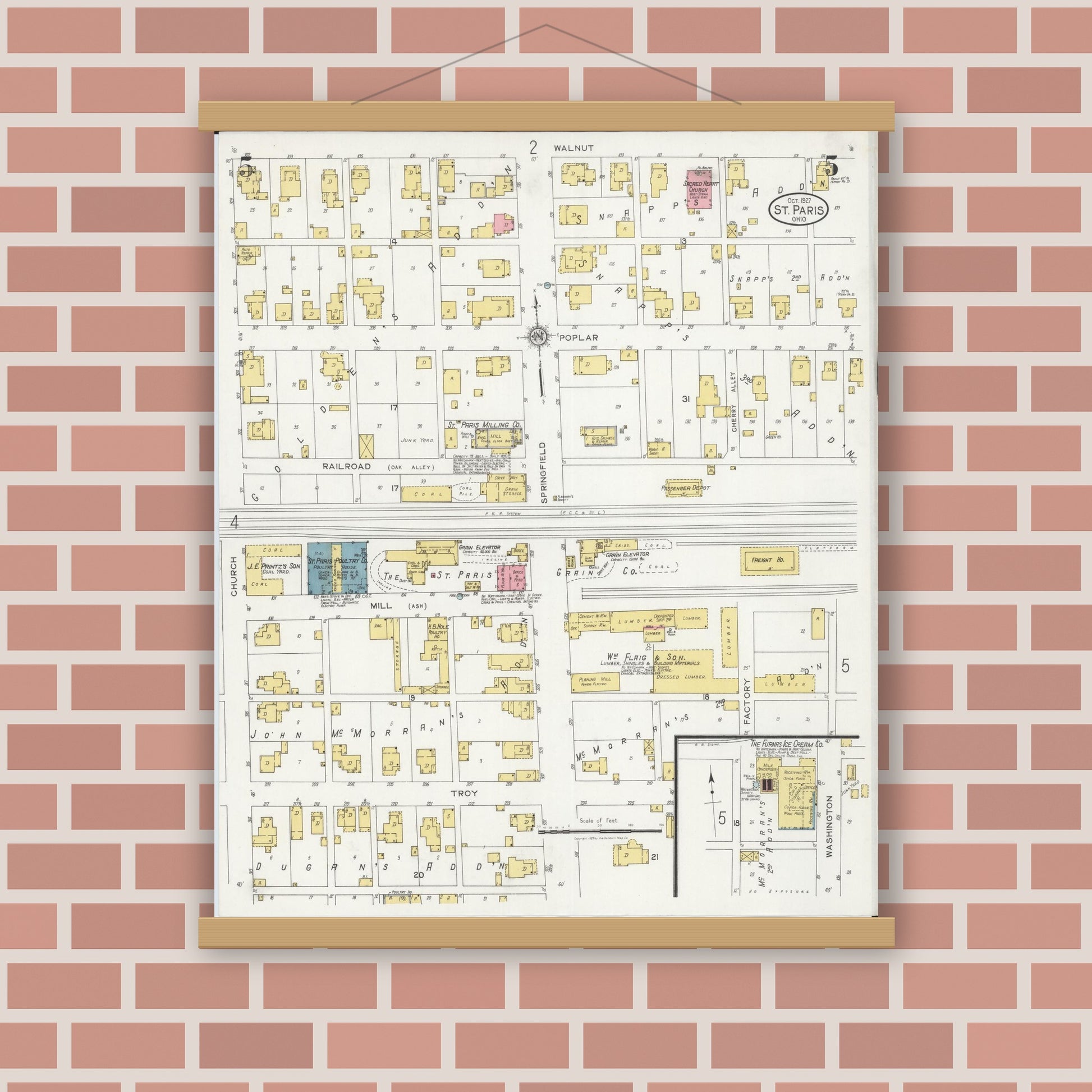 Old map wall art mockup — magnetic wood frame on brick wall — Sanborn Fire Insurance Map from Saint Paris, Champaign County, Ohio (1927), Sheet #0005