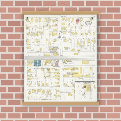 Old map wall art mockup — magnetic wood frame on brick wall — Sanborn Fire Insurance Map from Saint Paris, Champaign County, Ohio (1927), Sheet #0005