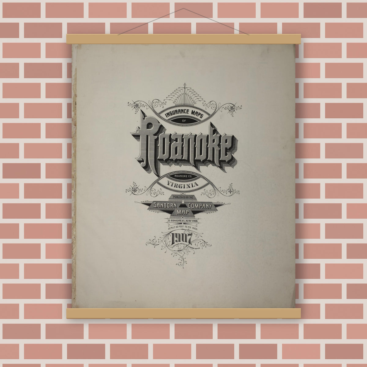 Old map wall art mockup — magnetic wood frame on brick wall — Sanborn Fire Insurance Map from Roanoke, Independent Cities, Virginia (1907), Sheet #0001