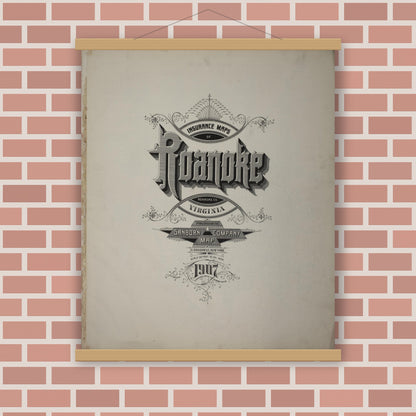 Old map wall art mockup — magnetic wood frame on brick wall — Sanborn Fire Insurance Map from Roanoke, Independent Cities, Virginia (1907), Sheet #0001