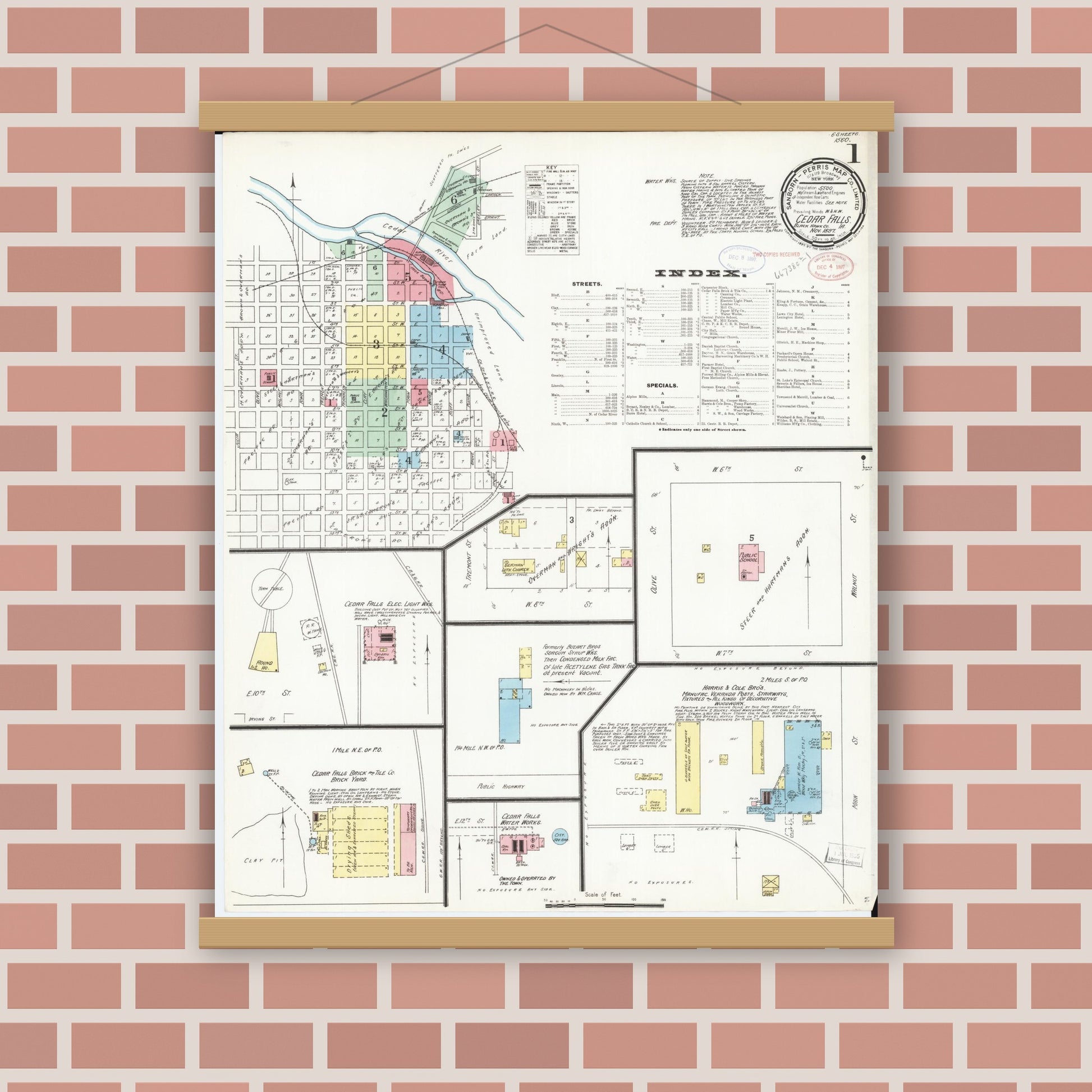 Old map wall art mockup — magnetic wood frame on brick wall — Sanborn Fire Insurance Map from Cedar Falls, Black Hawk County, Iowa (1897), Sheet #0001