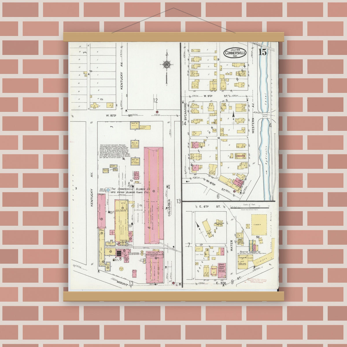Old map wall art mockup — magnetic wood frame on brick wall — Sanborn Fire Insurance Map from Connersville, Fayette County, Indiana (1919), Sheet #0015