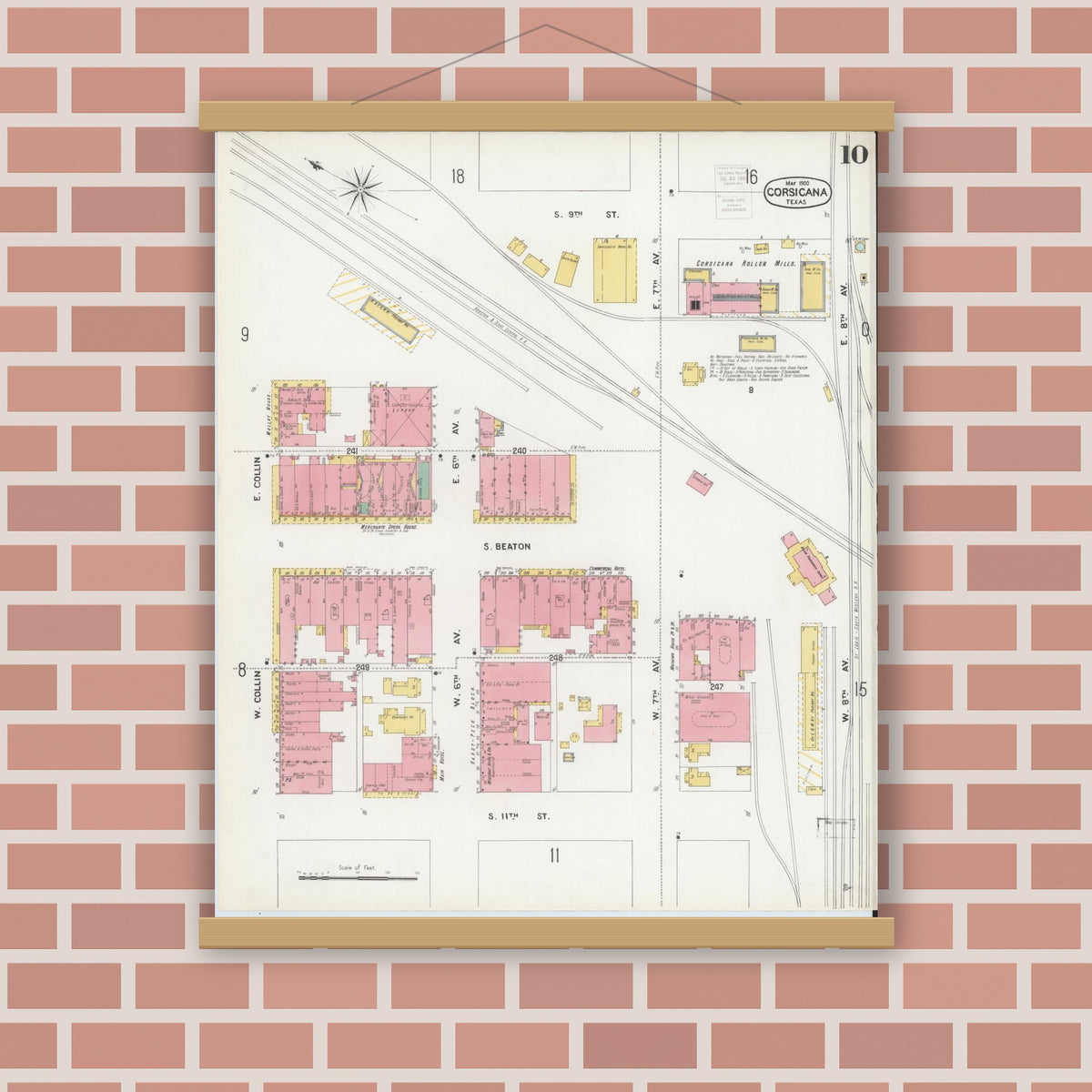 Old map wall art mockup — magnetic wood frame on brick wall — Sanborn Fire Insurance Map from Corsicana, Navarro County, Texas (1900), Sheet #0010