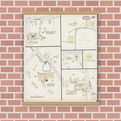 Old map wall art mockup — magnetic wood frame on brick wall — Sanborn Fire Insurance Map from Woburn, Middlesex County, Massachusetts (1888), Sheet #0010