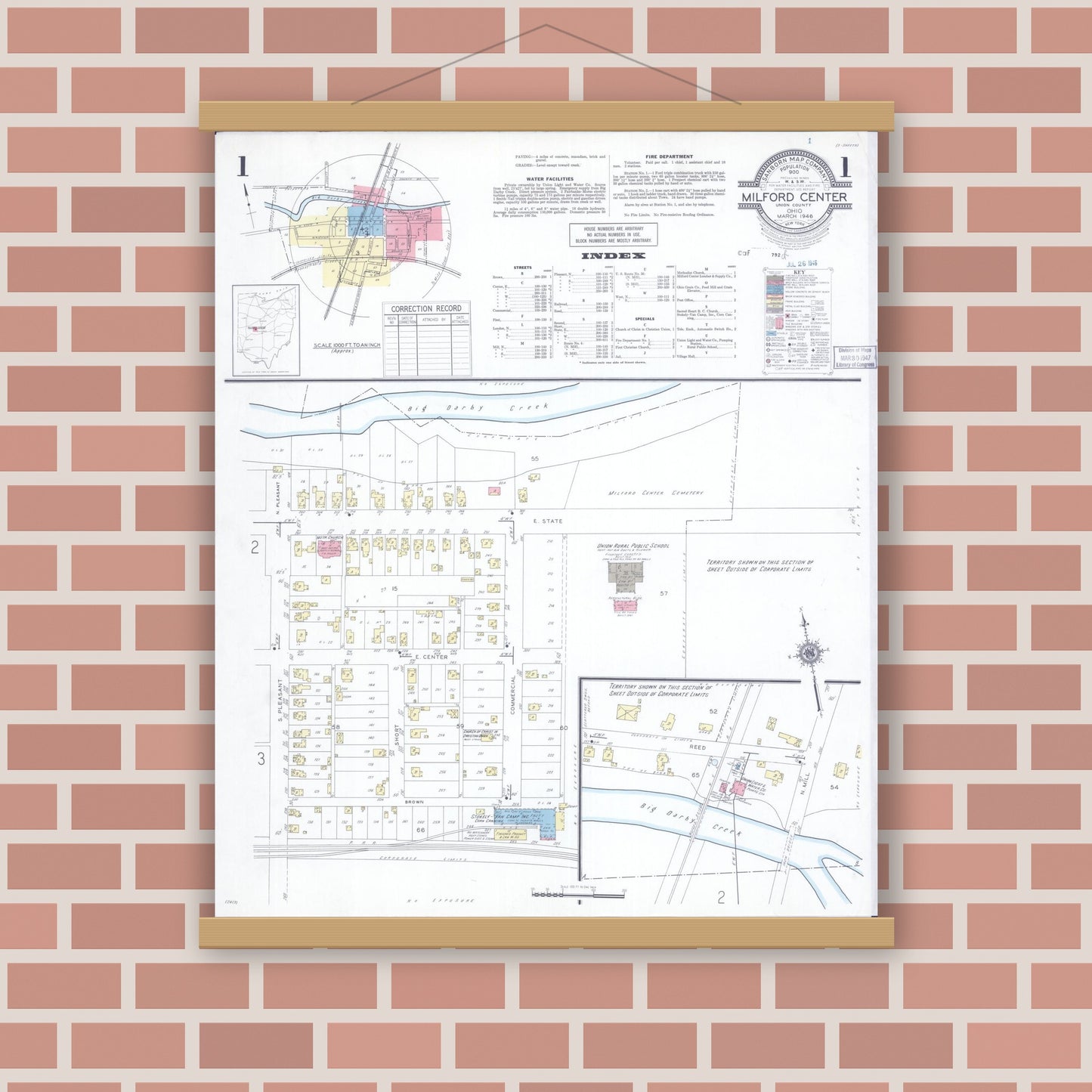 Old map wall art mockup — magnetic wood frame on brick wall — Sanborn Fire Insurance Map from Milford Center, Union County, Ohio (1946) - Complete Map Set