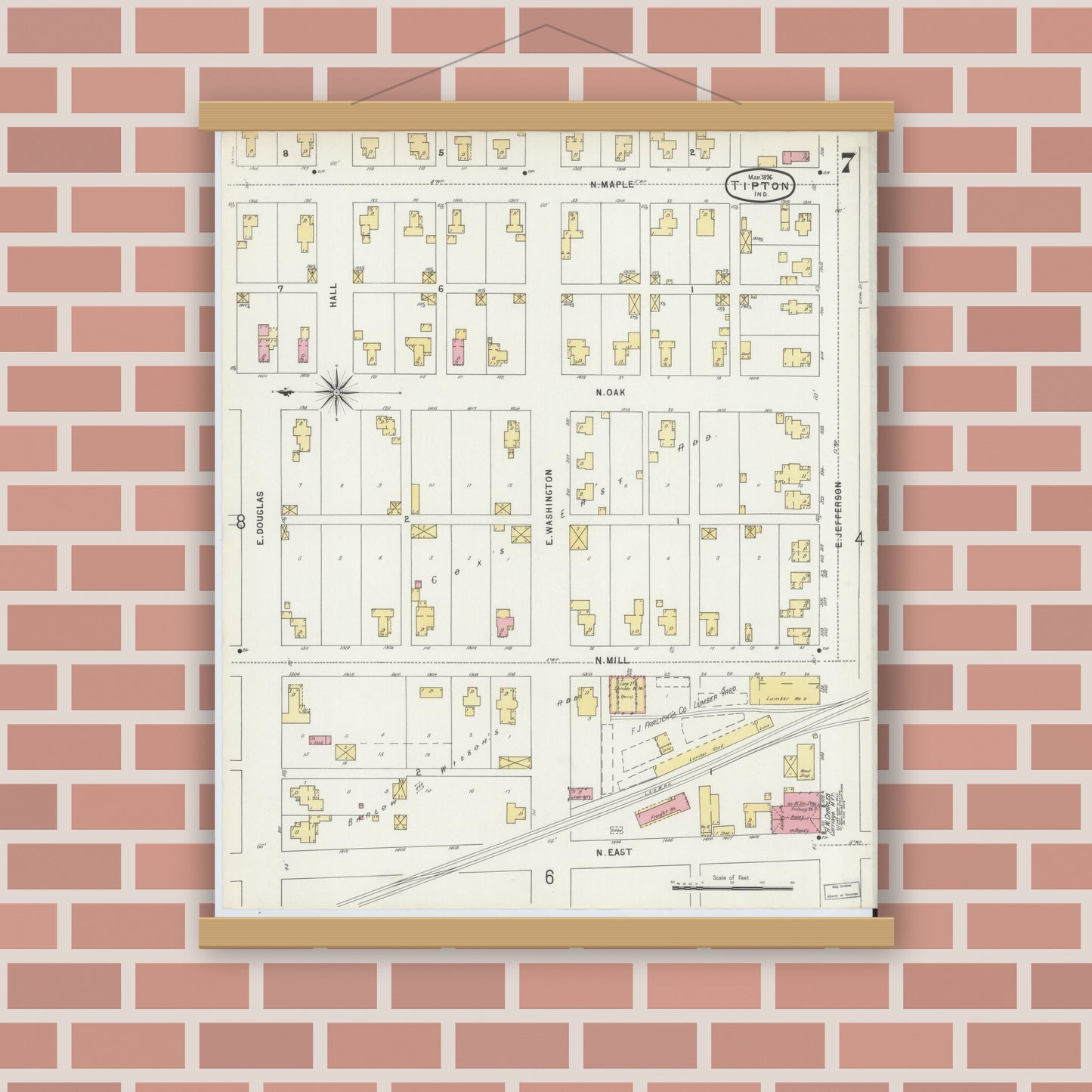 Old map wall art mockup — magnetic wood frame on brick wall — Sanborn Fire Insurance Map from Tipton, Tipton County, Indiana (1896), Sheet #0007
